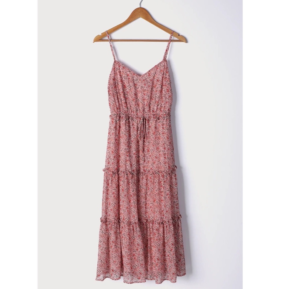Dusty Pink Floral Print Tiered Midi Dress